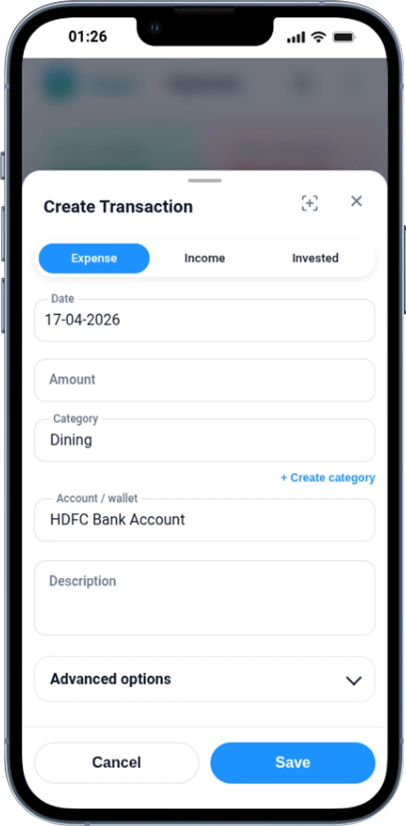 Quick add expense form screen